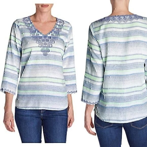 EDDIE BAUER Vista Point Embroidered Tunic White Navy Blue Striped 3/4 Sleeve S - Picture 1 of 9
